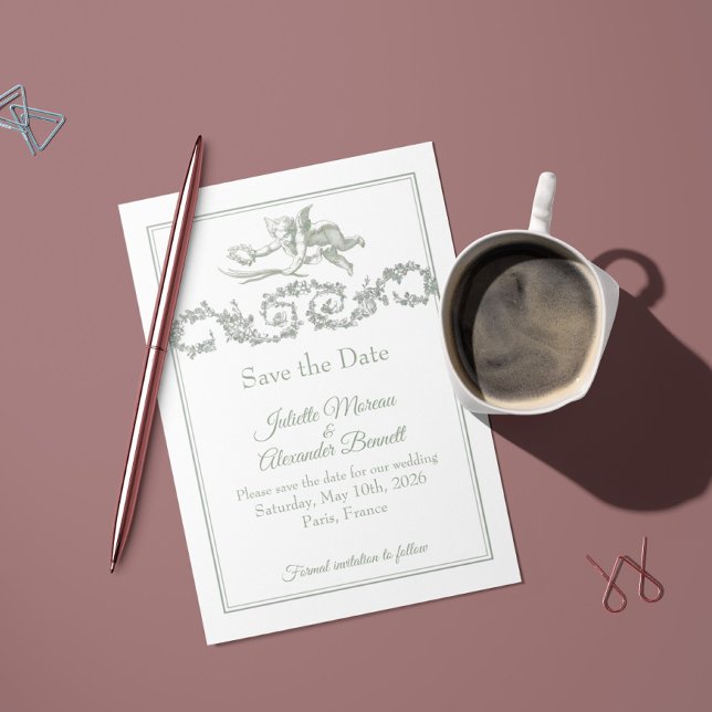 Sage Gray Toile de Jouy Cherub Save the Date Card (Von Creator hochgeladen)
