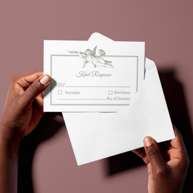Sage Gray Toile de Jouy Cherub Wedding RSVP Card (Von Creator hochgeladen)