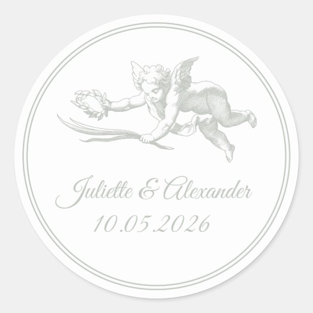 Sage Gray Toile de Jouy Cupid Round Stickers (Devant)