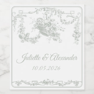 Sage Gray Toile de Jouy Wedding Bottle Label Weinetikett
