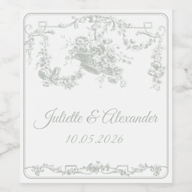 Sage Gray Toile de Jouy Wedding Bottle Label  Weinetikett (Einzelnes Label)