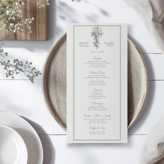 Sage Gray Toile de Jouy Wedding Menu Card (Créateur téléchargé)