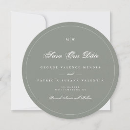 Sage Gray White Elegant Round Photo Save The Date Einladung