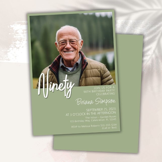Sage Green 90th Birthday Photo Invitation (Créateur téléchargé)