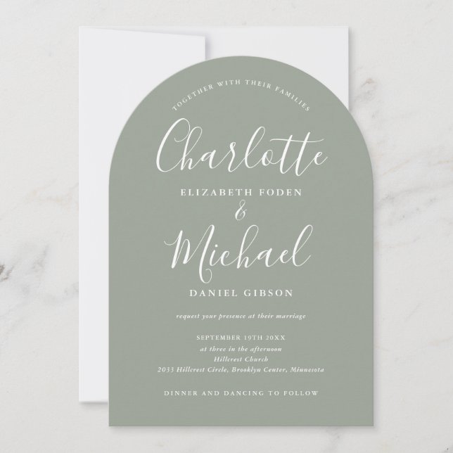 Sage Green All in one Chic Script Arch Wedding Einladung (Vorderseite)