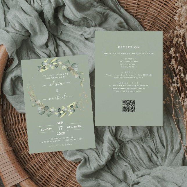 Sage Green All in One Eukalyptus QR Code Wedding Einladung (Von Creator hochgeladen)