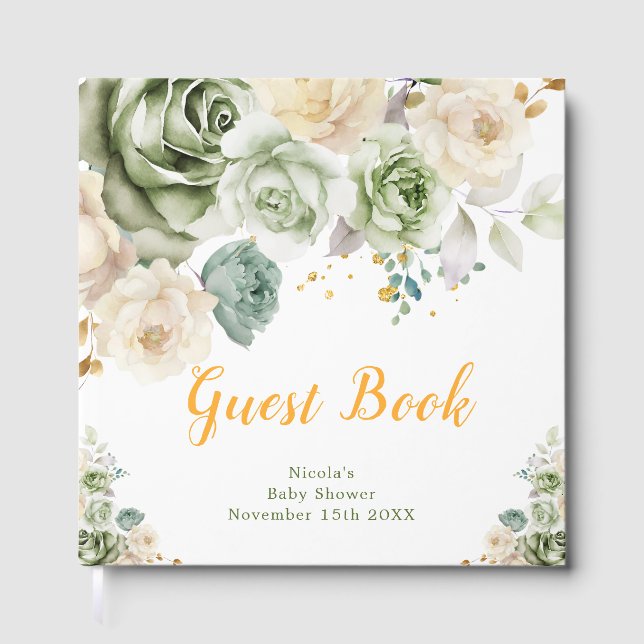 Sage Green and Cream Floral Baby Shower Gästebuch (Vorderseite)
