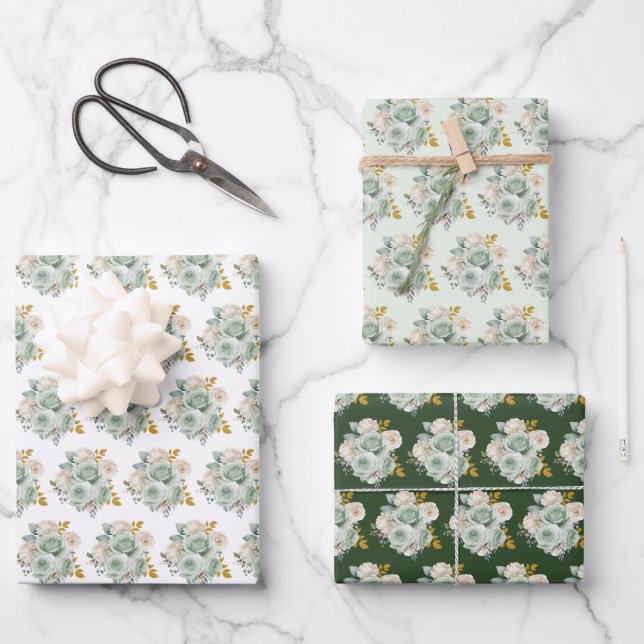 Sage Green and Gold Elegant Flowers Geschenkpapier Set (Vorderseite)