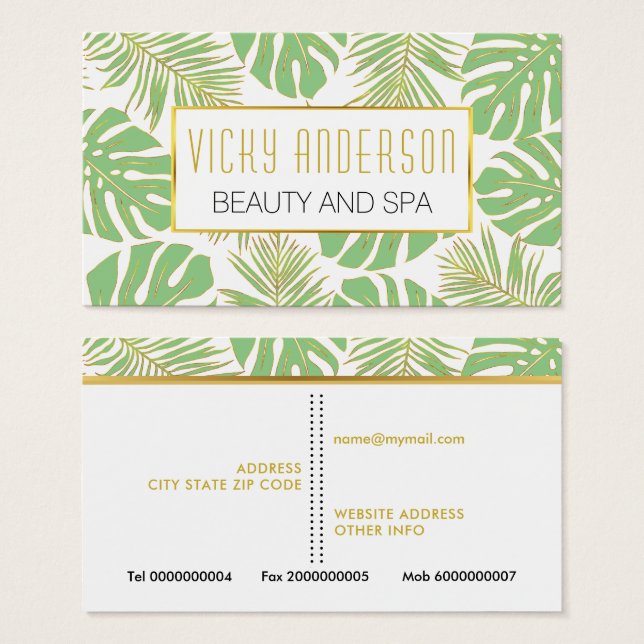 Sage green and gold tropical leaves business cards (Vorne & Hinten)