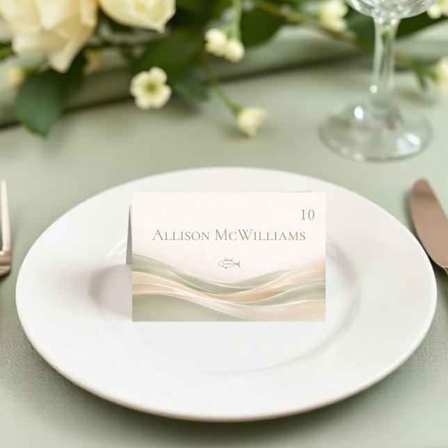 Sage Green and Ivory Wedding Place Card-Fish Tischnummer (Sage Green and Ivory Wedding Place Card-Fish Meal Icon and  Table Number )