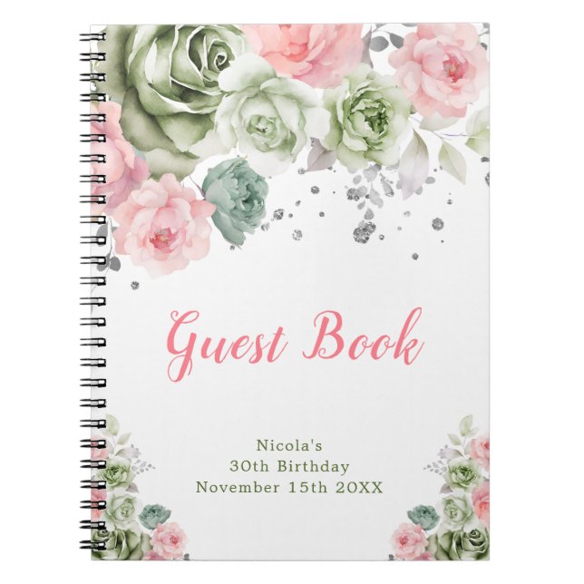 Sage Green and Pink Floral Birthday Guest Book Notizblock (Vorderseite)