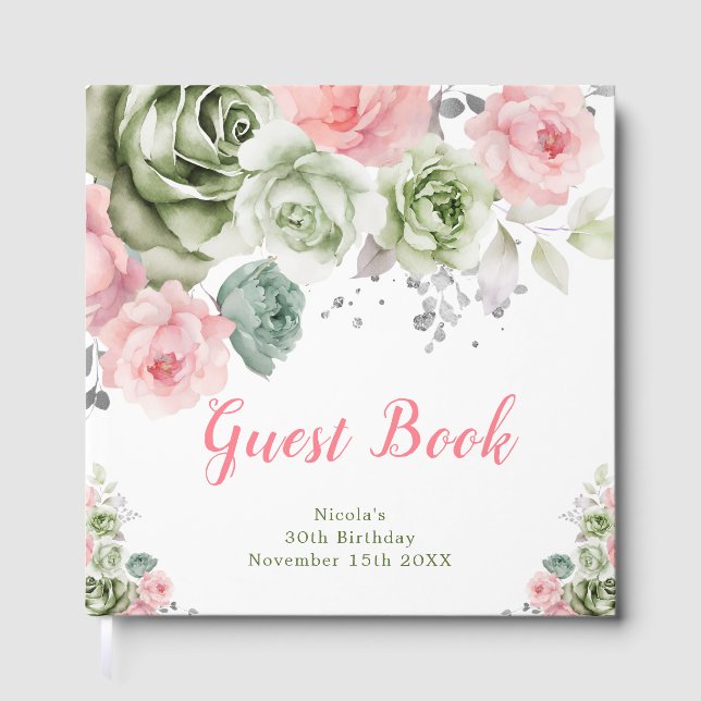 Sage Green and Pink Floral Birthday Party Gästebuch (Vorderseite)