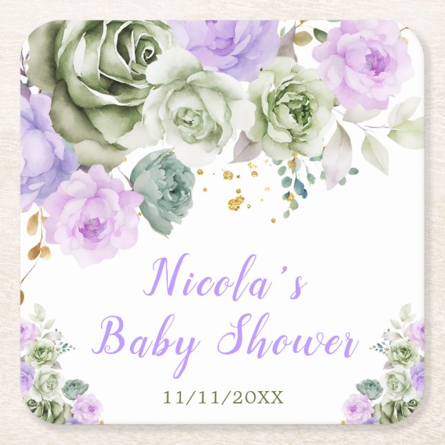 Sage Green and Purple Floral Baby Shower Rechteckiger Pappuntersetzer (Vorderseite)