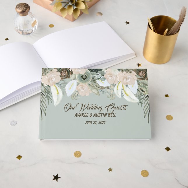 Sage Green and Vanilla Cream Wedding Guest Book Gästebuch (Vorderseite Offen)