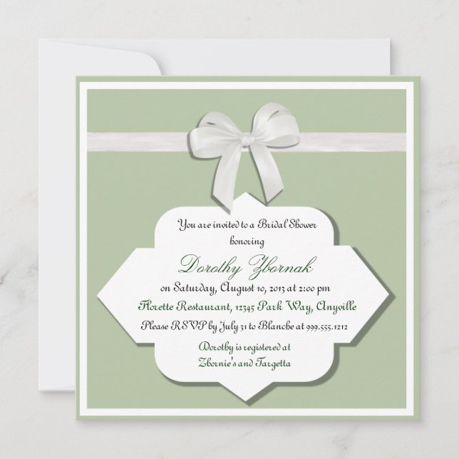 Sage Green and White Bow Bridal Dusche Einladung (Vorderseite)