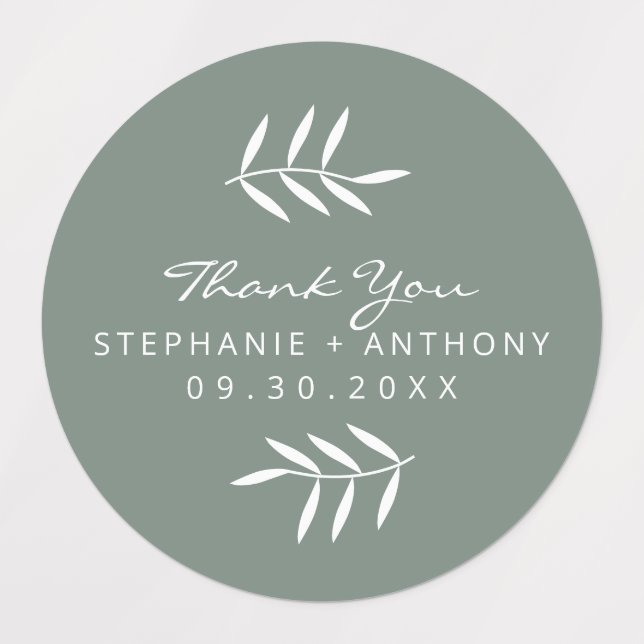 Sage Green and White Branches Wedding Vielen Dank Etiketten (Design 1)