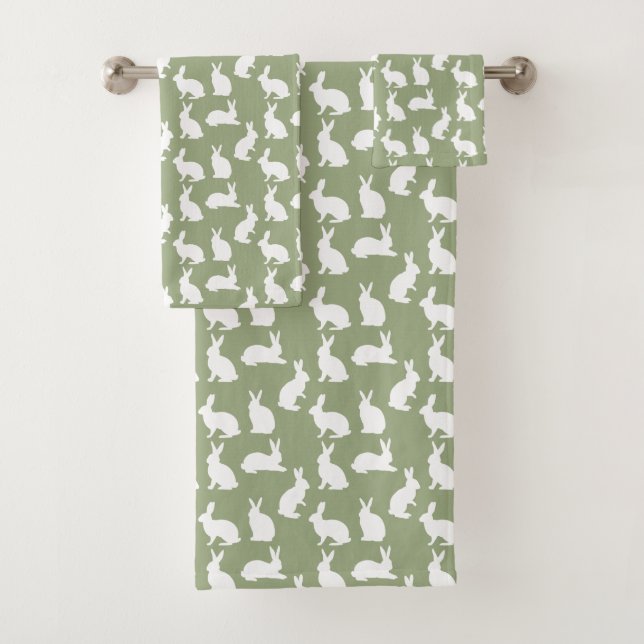 Sage Green And White Bunny Pattern Cute Easter Badhandtuch Set (Insitu)