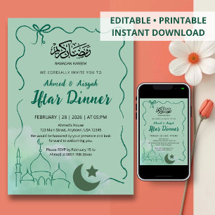 Sage Green Aquarell-Moschee-Iftar-Abendessen Einladung