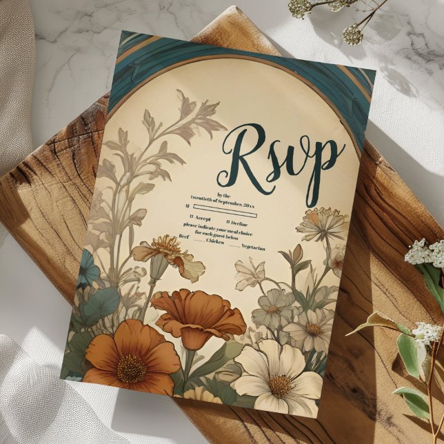 Sage Green Art Nouveau Alphonse Mucha Wedding RSVP Karte (Von Creator hochgeladen)