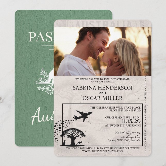 Sage Green Australia Pass Hochzeit Einladung (Vorne/Hinten)