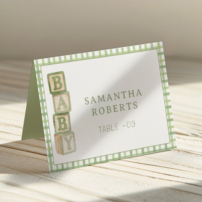 Sage Green Baby Blocks Editable Tent Cards Tischnummer (Baby Shower Table Number)