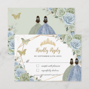 Sage Green Baby Blue Floral Twins Gold Quinceañera RSVP Karte