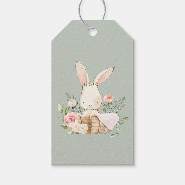 Sage Green Baby Bunny Baby Dusche Geschenkanhänger (Vorderseite)