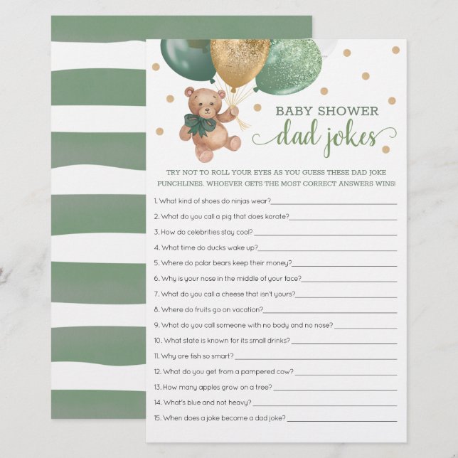 Sage Green Baby Dusche Vater Jokes Game Teddy Bear (Vorne/Hinten)