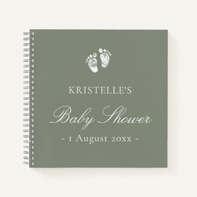 Sage Green Baby Footprint Babydusche Gästebuch Notizbuch (Vorderseite)