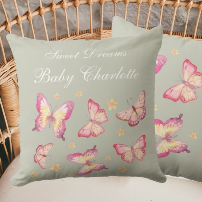Sage Green Baby Girl Name Pink Butterfly Kinderzim Kissen (Von Creator hochgeladen)