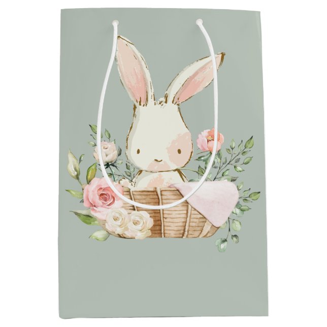 Sage Green Baby Rabbit Elegante Baby Dusche Mittlere Geschenktüte (Vorderseite)
