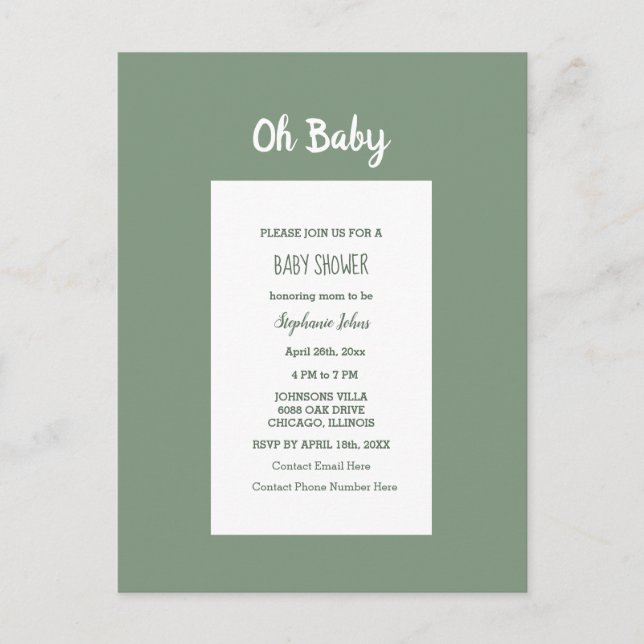 Sage Green Baby Shower Elegante Simple Boy Girl Einladungspostkarte (Vorderseite)