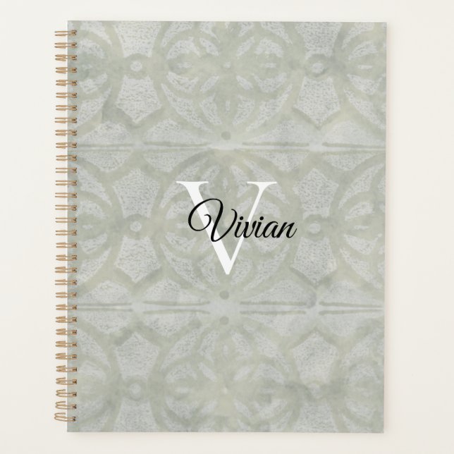 Sage Green Batik Elegant Monogram Name Planer (Vorderseite)