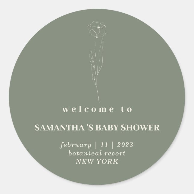 Sage Green Beige Flower Welcome baby shower Runder Aufkleber (Vorderseite)