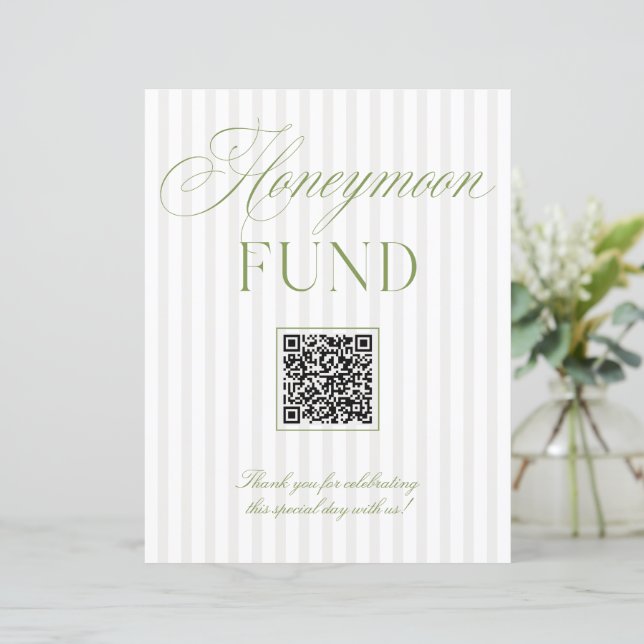 Sage Green & Beige Honeymoon Fund QR Code Sign (Stehend Vorderseite)