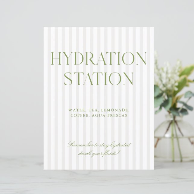 Sage Green & Beige Stripe Hydration Station Sign (Stehend Vorderseite)