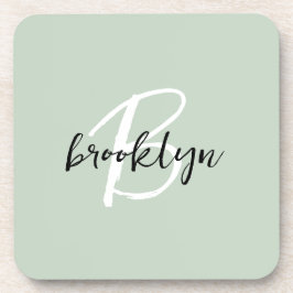 Sage Green Black and White Script Monogram Getränkeuntersetzer