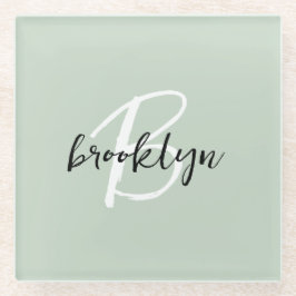 Sage Green Black and White Script Monogram Glasuntersetzer