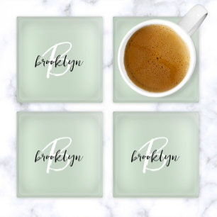 Sage Green Black and White Script Monogram Glasuntersetzer