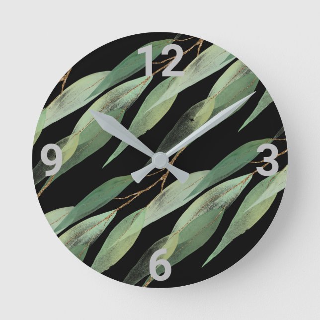 Sage Green Black Botanique Eucalyptus Mur Horloge (Recto)