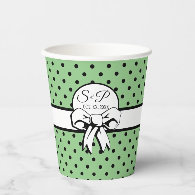 Sage Green Black Polka Dot White Bow Personalisier Pappbecher (Vorderseite)