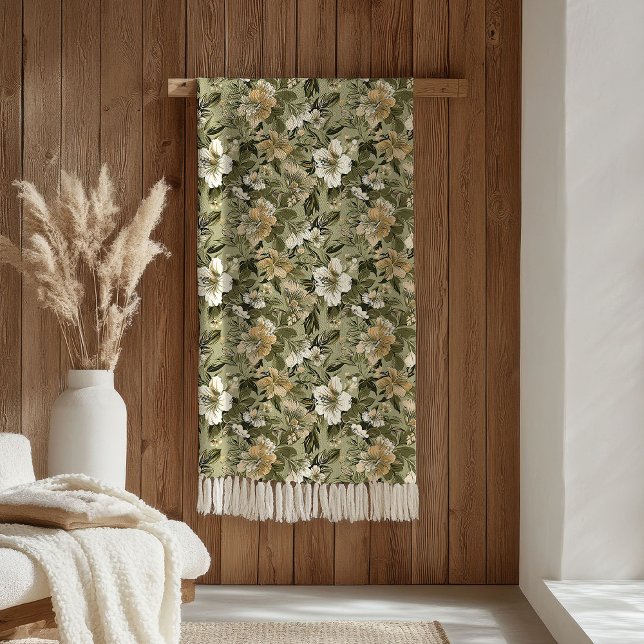 Sage Green Blanket Elegant Gold Floral Accent Fleecedecke (Sage Green Blanket Elegant Gold Floral Accent)