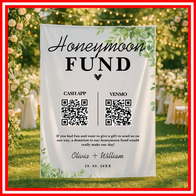 Sage Green Blätter Honeymoon Fund QR Wedding Wandteppich (Von Creator hochgeladen)