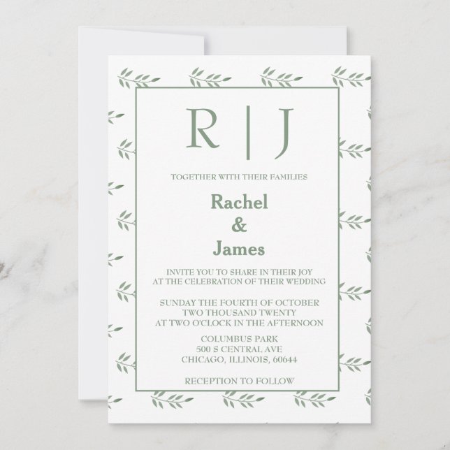 Sage Green Blätter Monogram QR Code Hochzeit Einladung (Vorderseite)