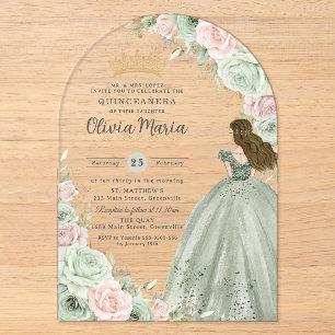 Sage Green Blink Pink BlumenPrinzessin Quinceañera Acryleinladungen