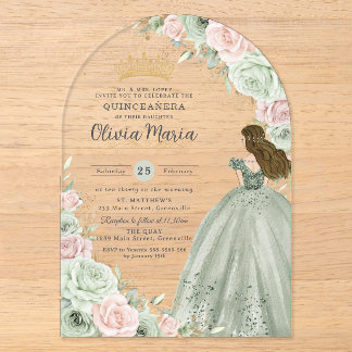 Sage Green Blink Pink BlumenPrinzessin Quinceañera Acryleinladungen