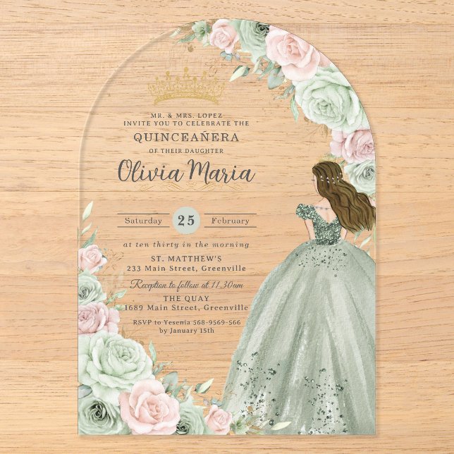 Sage Green Blink Pink BlumenPrinzessin Quinceañera Acryleinladungen (Vorderseite)