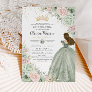 Sage Green Blink Pink BlumenPrinzessin Quinceañera Einladung