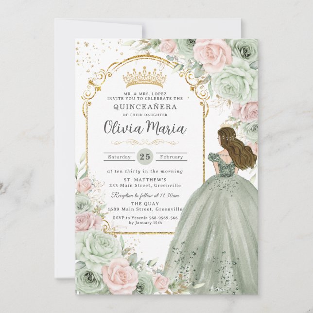 Sage Green Blink Pink BlumenPrinzessin Quinceañera Einladung (Vorderseite)