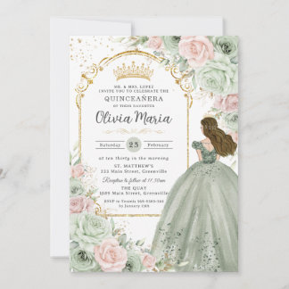 Sage Green Blink Pink BlumenPrinzessin Quinceañera Einladung